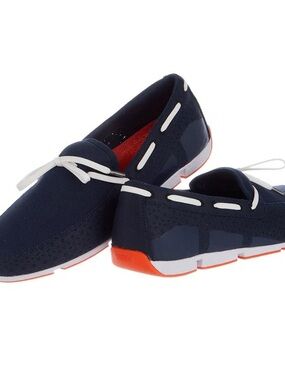 Swims Navy and White Boat Shoes with Orange Accents